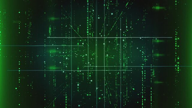 Futuristic digital data stream background with glowing green network lines and abstract nodes.