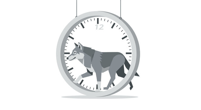 Wolf running on a clock face, concept of time, urgency, and animalistic instinct