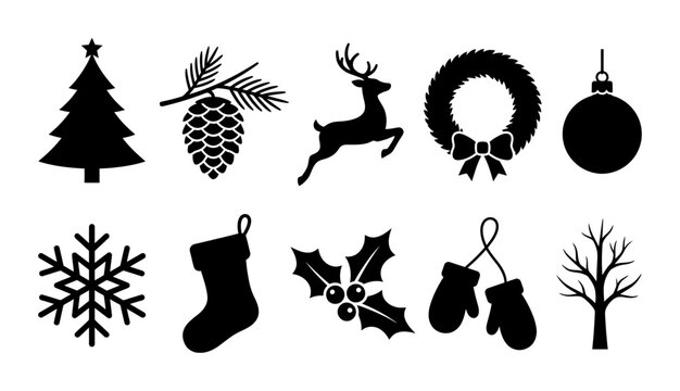 Silhouette collection of Christmas decoration silhouettes with tall tree, snowflake medallion, reindeer, stocking, gift, holly, candy cane, and bauble