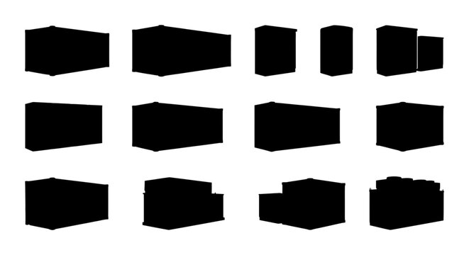 Silhouette collection of blocky storage cabinets, square equipment enclosures, and industrial case shapes