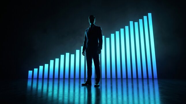 ​Successful Businessman Silhouette with Growing Blue Stock Market Graph Background