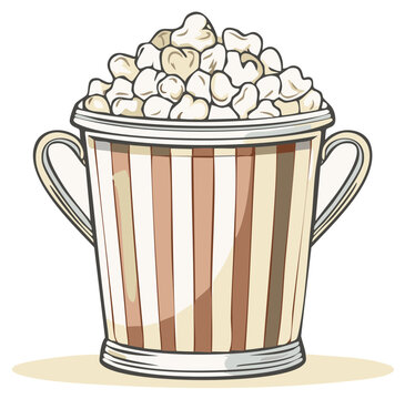 Hand drawn striped bucket overflowing with fluffy popcorn kernels isolated on white background