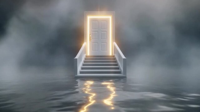 Doorway standing on stairs above dark water with glowing golden light animation footage for surreal conceptual video background projects