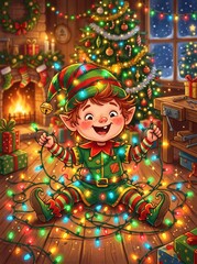 Fototapeta premium funny Christmas elf tangled in colorful holiday lights, playful expression, bright festive colors, whimsical Christmas illustration