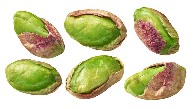 Six pistachio nuts set isolated on white background. Real photography