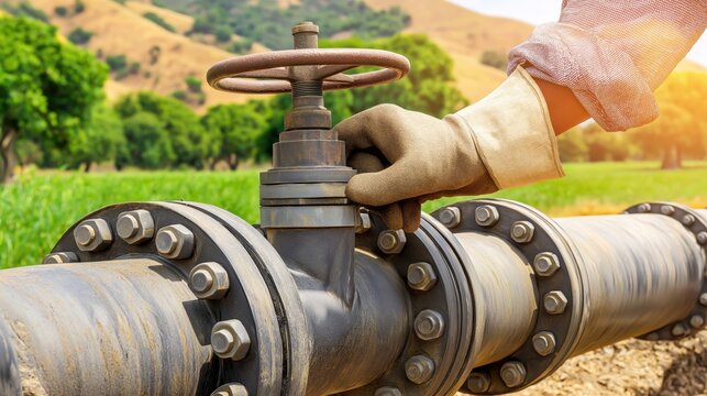 A worker in gloves operates a valve on a large irrigation pipe in a field with grass and trees during daytime