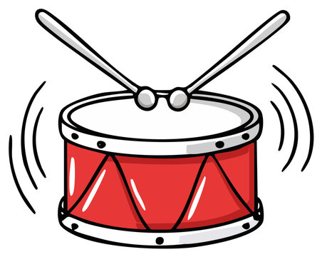 A vibrant cartoon illustration of a red drum with drumsticks creating a rhythmic beat and sound waves