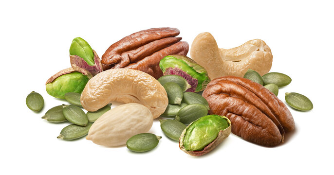Pecan, pumpkin seeds, cashew, almond and pistachio nuts isolated on white background. Real photography