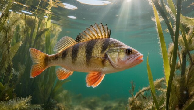 European perch fish swimming in clear freshwater lake with sunbeams and aquatic plants