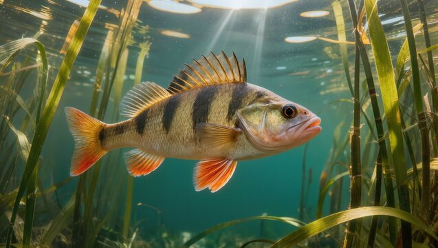 European perch fish swimming in clear freshwater lake with sunbeams and aquatic plants