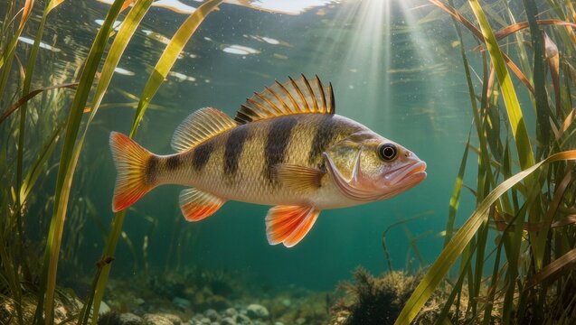 European perch fish swimming in clear freshwater lake with sunbeams and aquatic plants