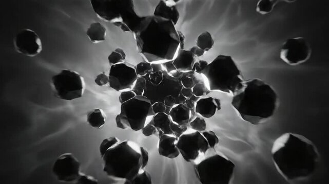 Black and white abstract background of asteroid objects flowing through space with shining light