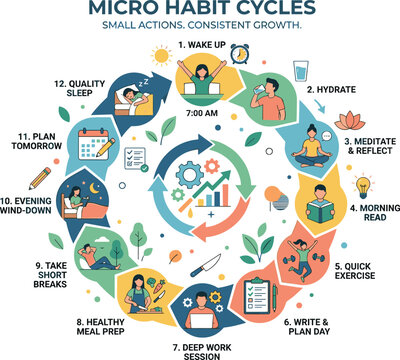 Micro habit cycles circular infographic vector chart illustrating daily lifestyle routines, personal productivity habits, and behavioral psychology for wellness app marketing.