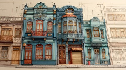 Fototapeta premium Ornate Blue Historic Facade with Bay Window and Decorative Balcony on Urban Street