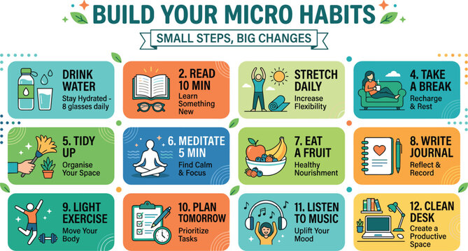 Micro habits building infographic vector chart illustrating small steps for big changes, lifestyle routine development, and productivity tracking for wellness app marketing.