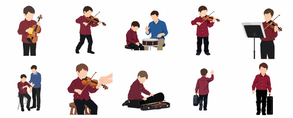 Collection of flat vector illustrations depicting a young boy learning and practicing the violin with his teacher, from preparation to performance. © Indrawatti