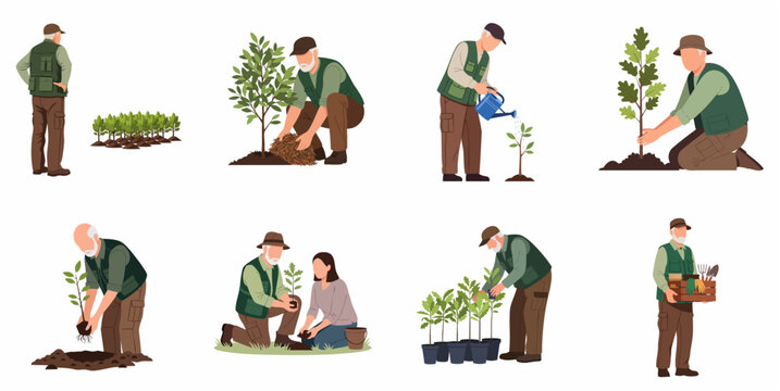 Set of senior gardener characters planting trees and saplings for reforestation and environmental conservation