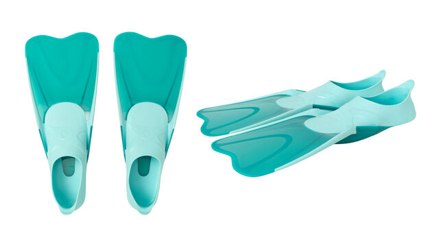 Set of aqua blue swimming fins isolated on white background with flippers swimming snorkeling equipment isolated collection vacation recreation activity training
