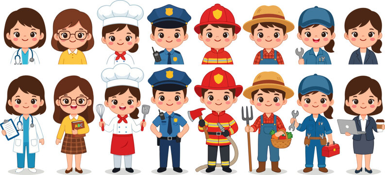 Colorful vector illustration showing various cute children dressed in diverse professional career outfits standing in a neat organized row