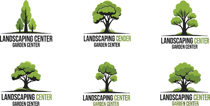 Set of tree logo templates for landscaping and garden centers featuring green foliage and minimalist graphic design