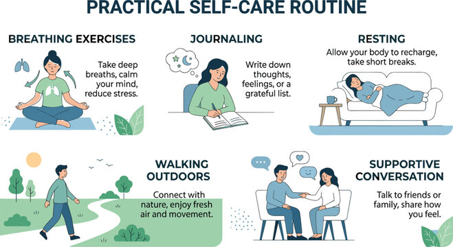 Practical self care routine infographic chart showcasing breathing journaling resting walking outdoors and supportive conversation for mental wellness blog banner advertising