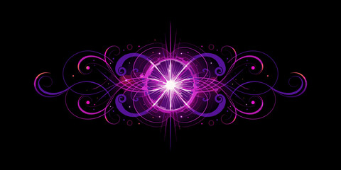 Abstract glowing mandala with swirling purple and pink lights on black background © Mim Studio