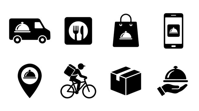 Food Delivery Icons &ndash; Modern Service and Logistics Symbols Representing Online Ordering, Transportation, and Customer Care for Creative Design, Branding, and Business Projects