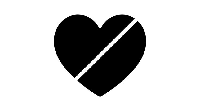 Black heart icon divided with white on isolated white background symbolizing broken love or opposition concepts