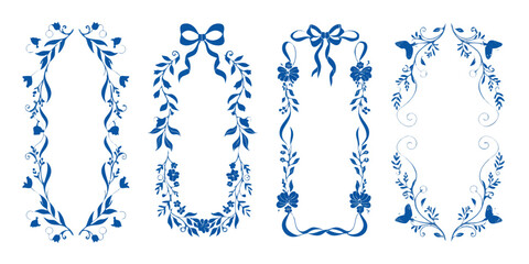 Fototapeta premium Elegant blue floral frames with bows and butterflies on white background for invitations or stationery design