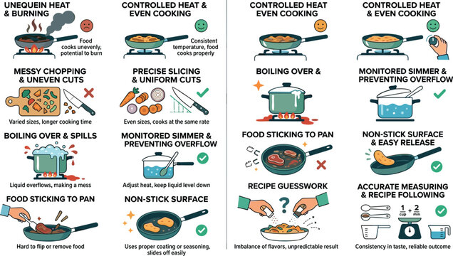 Proper cooking techniques infographic template comparing common kitchen mistakes like uneven burning with chef solutions for culinary school marketing presentations