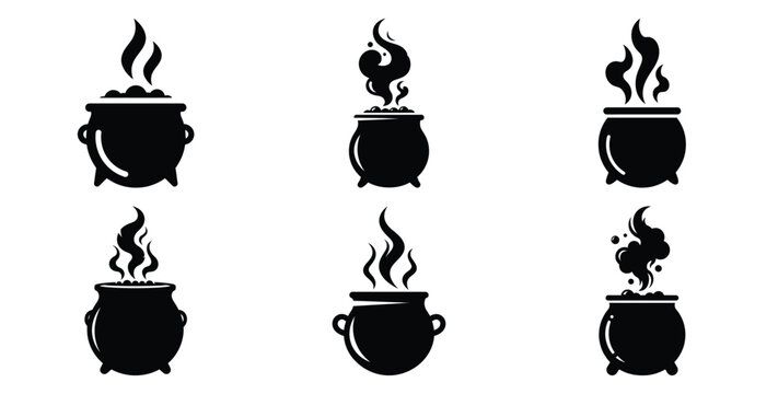 Collection of cauldron with smoke silhouette icon set. Happy Halloween icon Vector illustration on white background.