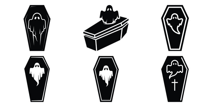 Collection of coffin with ghost silhouette icon set. Happy Halloween icon Vector illustration on white background.