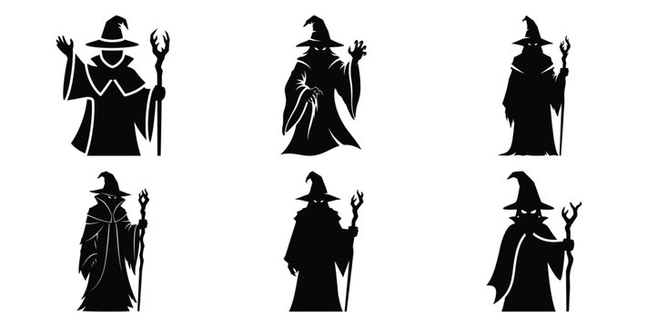 Collection of evil wizard silhouette icon set. Happy Halloween icon Vector illustration on white background.