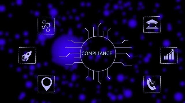 compliance System Software Automation concept on virtual screen data center. Modern Technology, Internet and social media icons 4K animation
