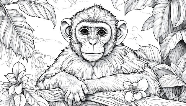 A curious monkey peeks from behind lush foliage, hands on a branch