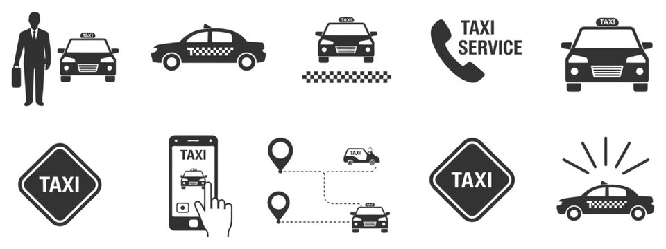 Taxi Service Vector Icon Set Featuring Taxi App Symbols, Map Pointers, Delivery Icons and Transportation Signs, Modern Urban Mobility Elements for Web and Mobile Design