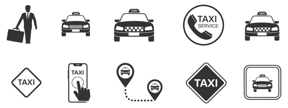Taxi Service Vector Icon Set Featuring Taxi App Symbols, Map Pointers, Delivery Icons and Transportation Signs, Modern Urban Mobility Elements for Web and Mobile Design