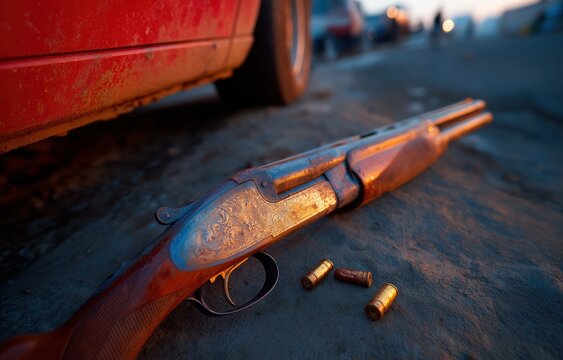 Double barrel shotgun rests on the ground next to empty bullet casings near a red vehicle during upland bird hunting at sunset