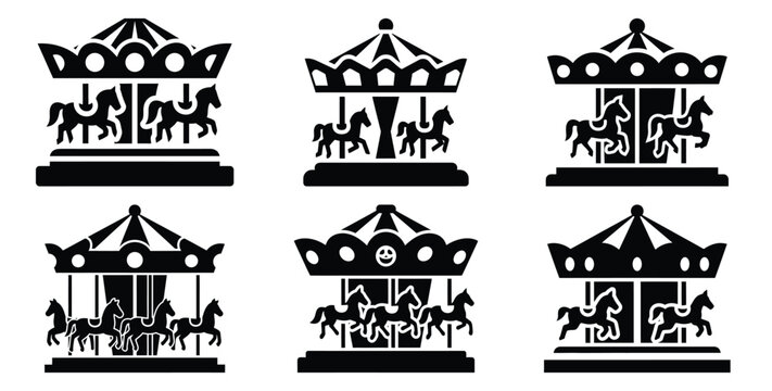 Collection of haunted carousel silhouette icon set. Happy Halloween icon Vector illustration on white background.