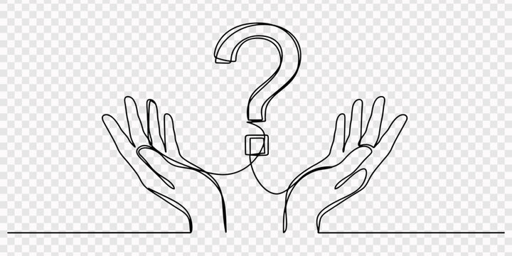 Continuous line drawing Hand holding question mark, Hand holds question mark one line art, hand drawn asking sign, idea continuous contour. Query FAQ concept, finding answer. Editable stroke. Isolated