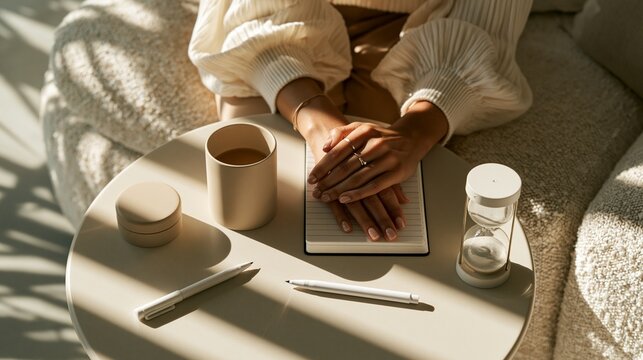 Minimalist overhead view of memoryediting tools beside a peaceful clients hand on a couch with a sand timer and muted d&Atilde;&copy;cor creating a serene homeoffice therapy atmosphere.