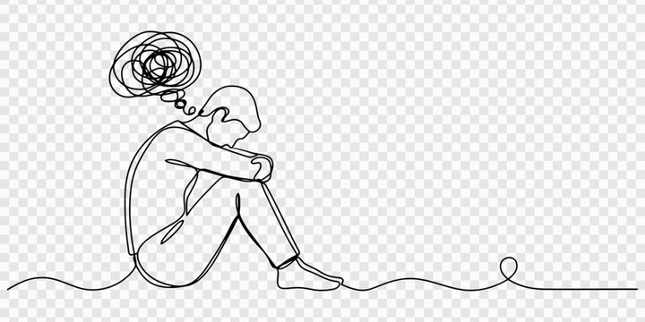 Continuous singe one line drawing art of stress confusing people because any problem. one line art icon drawing vector, One line drawing of person holding head with tangled thoughts, Continuous one