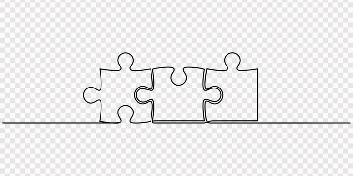Jigsaw pieces continuous one line drawing of puzzle vector on transparent background, Puzzle vector illustration of continuous one line art design, Continuous one line drawing of puzzle Puzzle icon