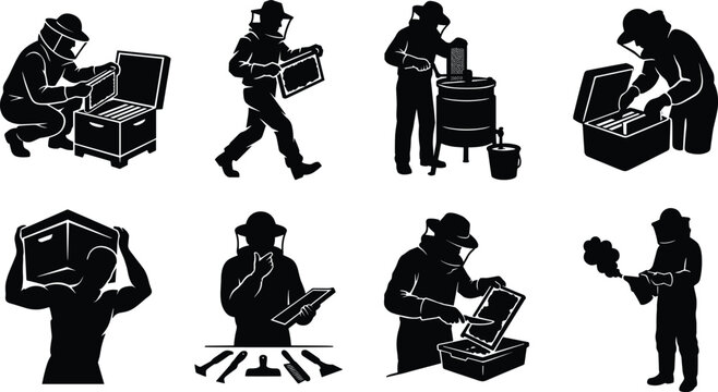Beekeeping and Apiary Workers Silhouettes Icons Set with Beekeeper Inspecting Hive Carrying Honeycomb Extracting Honey and Using Bee Smoker