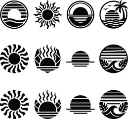 Collection of abstract minimalist sun and wave icons representing summer vacation and nature themes © Nayon