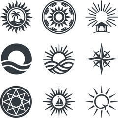 Collection of nine circular graphic design icons representing travel and summer themes with sun motifs and nautical elements © Nayon