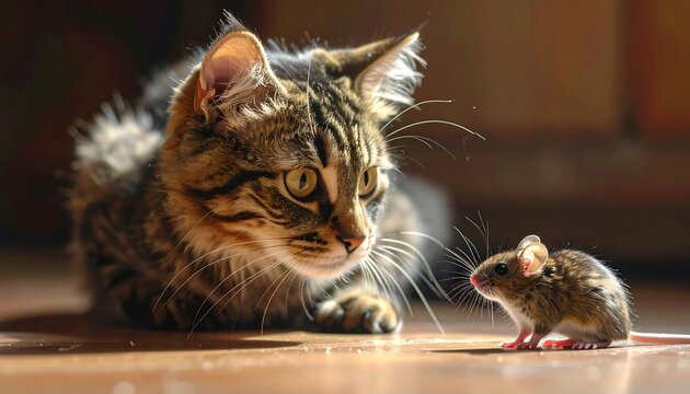 A curious cat lies on a wooden floor facing a standing mouse