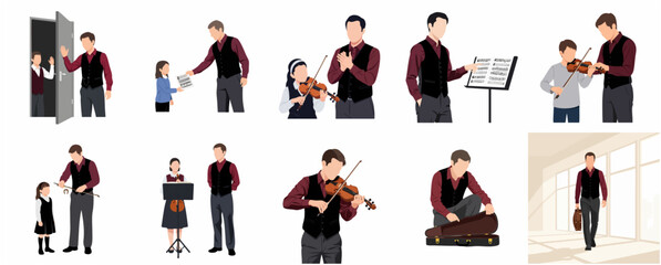 Collection of flat illustrations featuring a professional male violin teacher giving music lessons and guidance to young children. © Triana