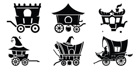 Collection of witch wagon silhouette icon set. Happy Halloween icon Vector illustration on white background. © Bhabas