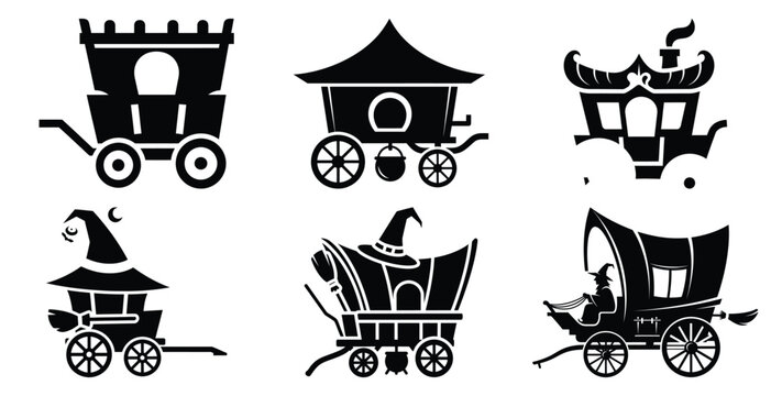 Collection of witch wagon silhouette icon set. Happy Halloween icon Vector illustration on white background.